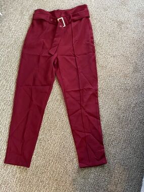 SHEIN Wine Red Paperbag Waist Belted Trousers
